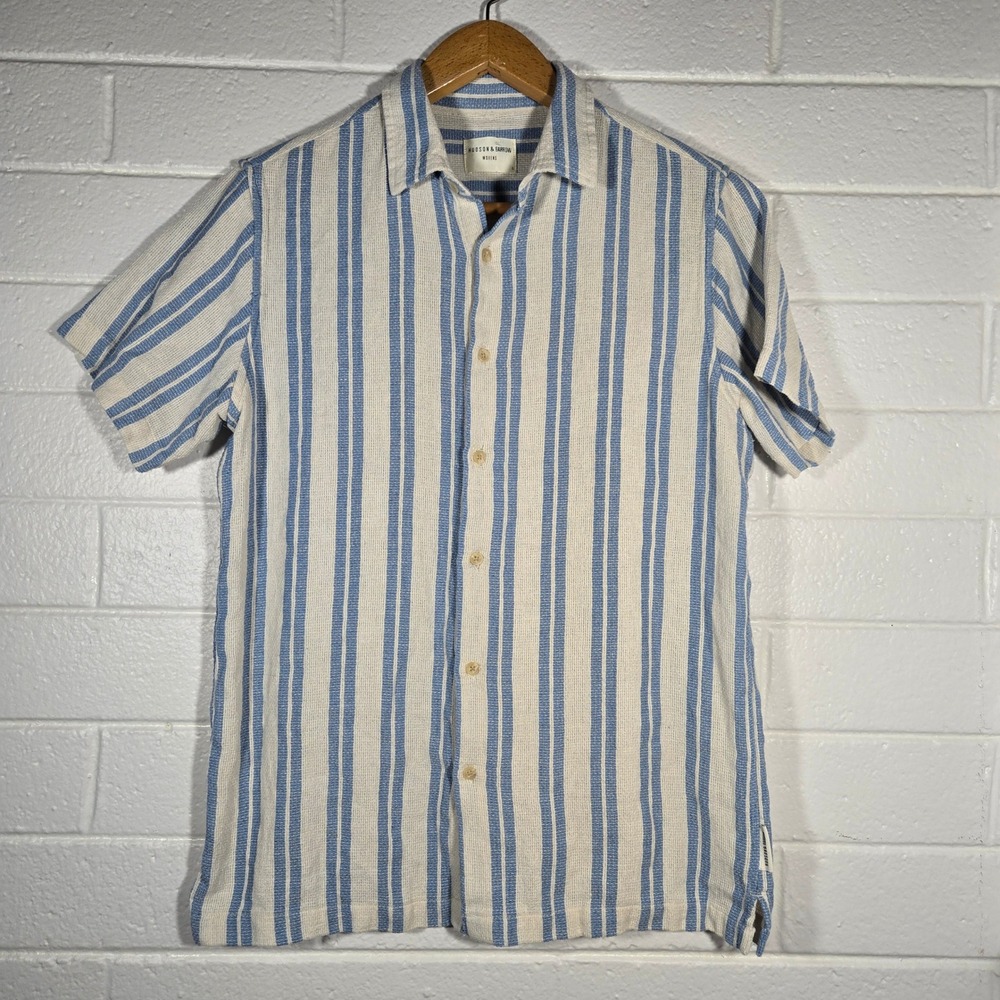 Hudson & Barrow Woven Striped Camp‎ Shirt Large Cotton Resortwear Beach Cabana